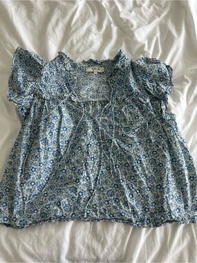 Sea New York Blue and White Floral Ruffle Sleeve Blouse